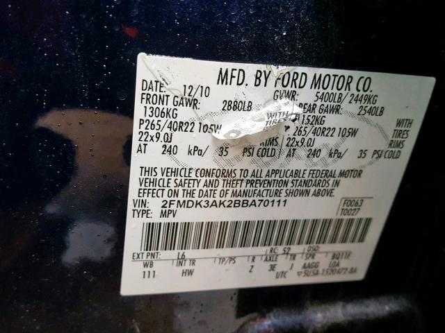 2FMDK3AK2BBA70111 - 2011 FORD EDGE SPORT BLUE photo 10