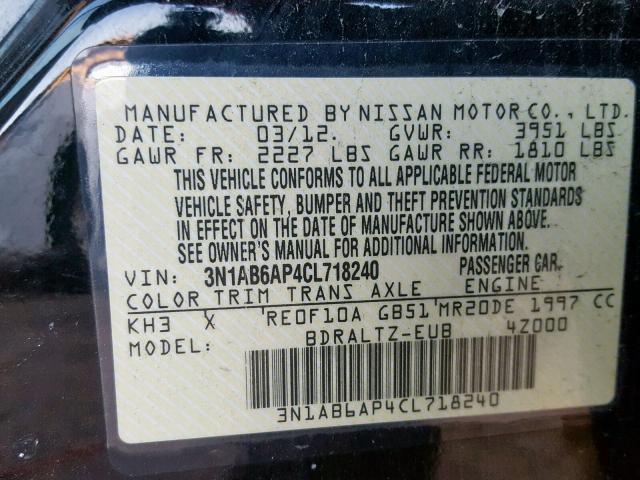 3N1AB6AP4CL718240 - 2012 NISSAN SENTRA 2.0 BLACK photo 10