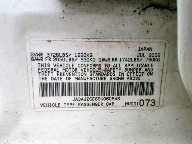 JA3AJ26E66U060848 - 2006 MITSUBISHI LANCER ES WHITE photo 10