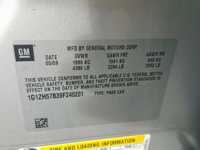 1G1ZH57B39F240201 - 2009 CHEVROLET MALIBU 1LT GRAY photo 10