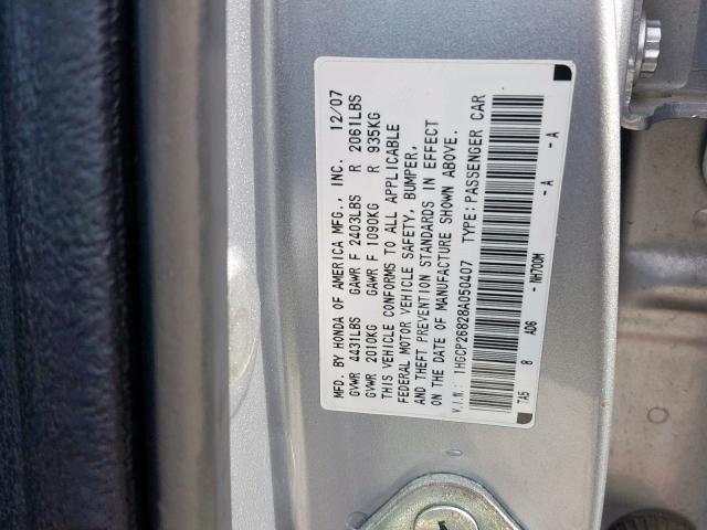 1HGCP26828A050407 - 2008 HONDA ACCORD EXL SILVER photo 10