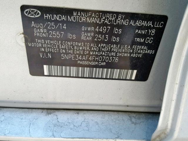 5NPE34AF4FH070376 - 2015 HYUNDAI SONATA SPO SILVER photo 10