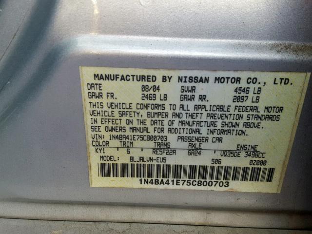 1N4BA41E75C800703 - 2005 NISSAN MAXIMA SE SILVER photo 10