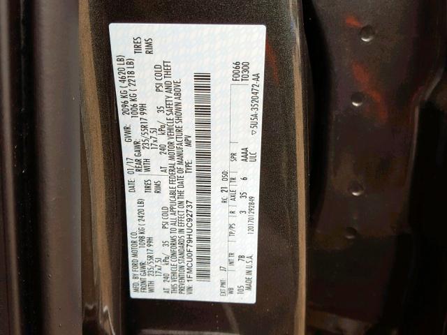 1FMCU0F79HUC92737 - 2017 FORD ESCAPE S GRAY photo 10