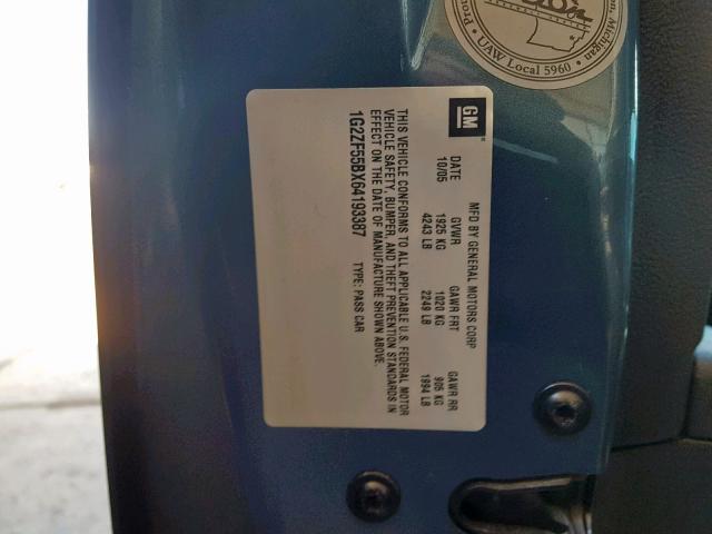 1G2ZF55BX64193387 - 2006 PONTIAC G6 SE BLUE photo 10