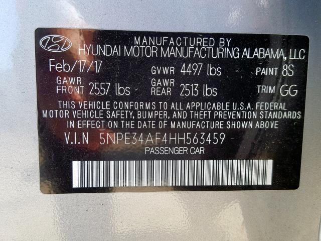 5NPE34AF4HH563459 - 2017 HYUNDAI SONATA SPO GRAY photo 10