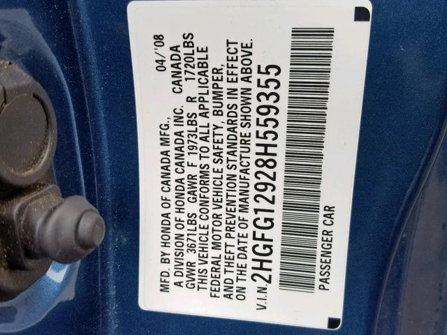 2HGFG12928H559355 - 2008 HONDA CIVIC EXL BLUE photo 10