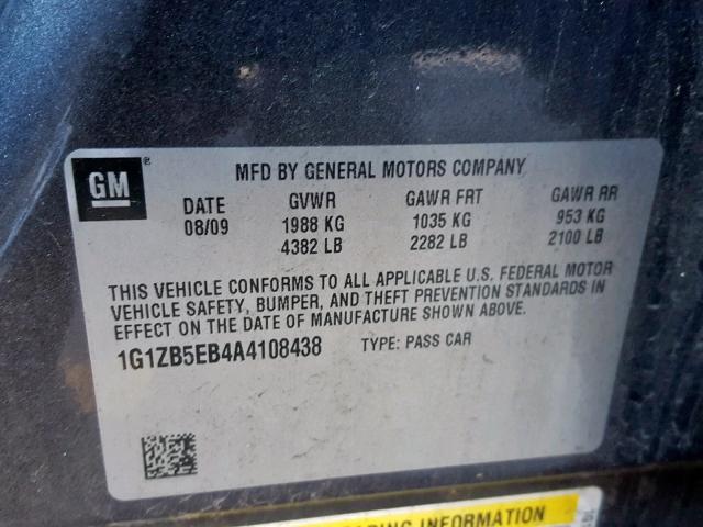 1G1ZB5EB4A4108438 - 2010 CHEVROLET MALIBU LS 灰色 照片 10