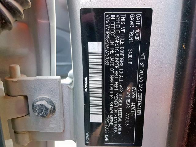 YV1RS592492731089 - 2009 VOLVO S60 2.5T SILVER photo 10