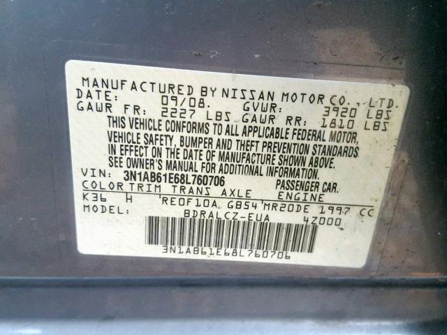 3N1AB61E68L760706 - 2008 NISSAN SENTRA 2.0 GRAY photo 10