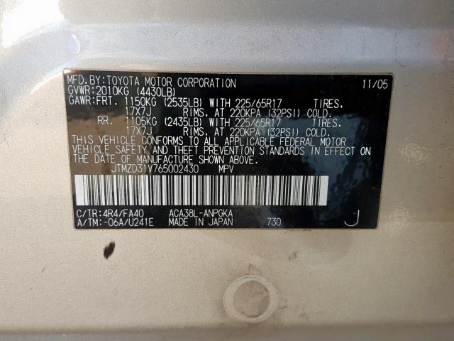 JTMZD31V765002430 - 2006 TOYOTA RAV4 LIMIT TAN photo 10