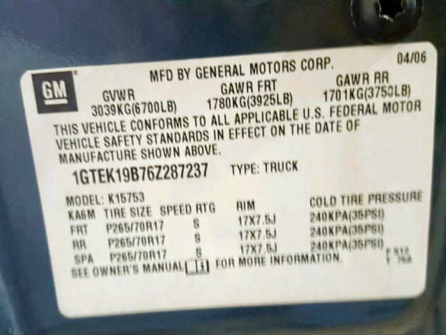 1GTEK19B76Z287237 - 2006 GMC NEW SIERRA BLUE photo 10