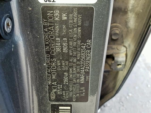 KNAFU4A22D5683542 - 2013 KIA FORTE EX GRAY photo 10