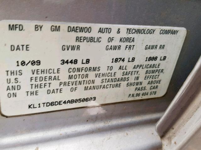 KL1TD6DE4AB050603 - 2010 CHEVROLET AVEO LS SILVER photo 10