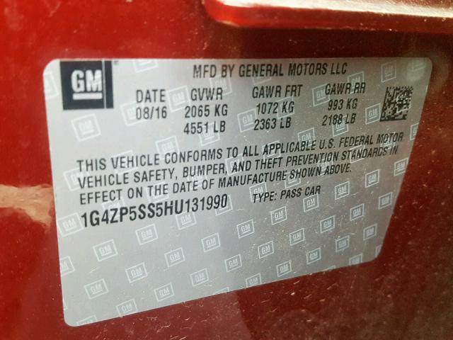 1G4ZP5SS5HU131990 - 2017 BUICK LACROSSE E MAROON photo 10