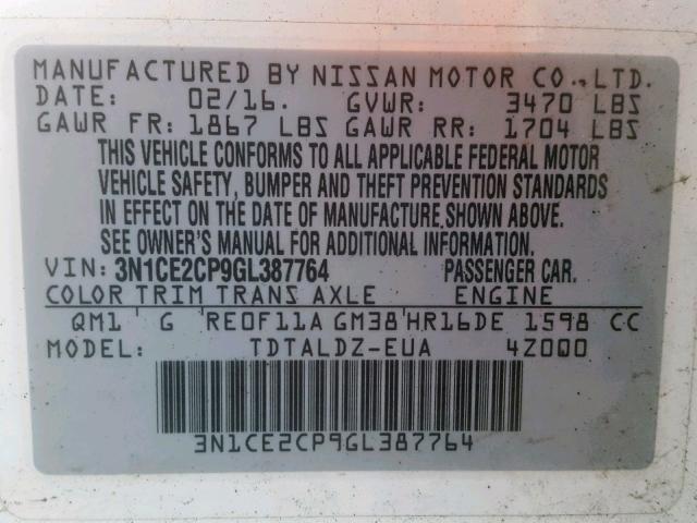 3N1CE2CP9GL387764 - 2016 NISSAN VERSA NOTE WHITE photo 10