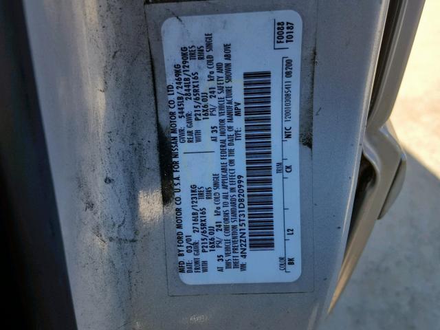 4N2ZN15T31D820999 - 2001 NISSAN QUEST GXE SILVER photo 10