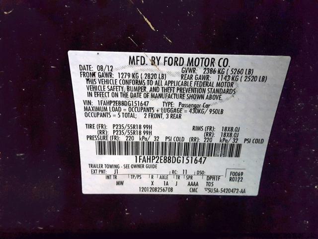 1FAHP2E88DG151647 - 2013 FORD TAURUS SEL BLACK photo 10