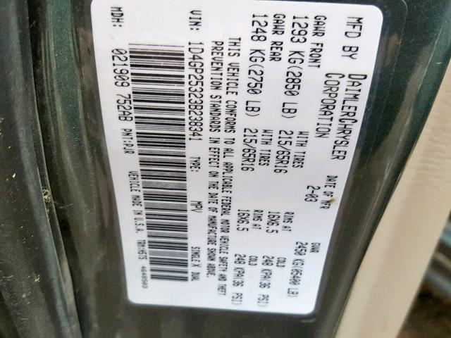 1D4GP25323B238341 - 2003 DODGE CARAVAN SE GREEN photo 10