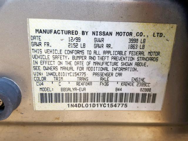 1N4DL01D1YC154775 - 2000 NISSAN ALTIMA XE GOLD photo 10