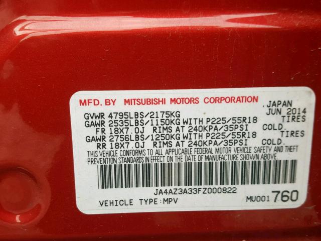 JA4AZ3A33FZ000822 - 2015 MITSUBISHI OUTLANDER RED photo 10