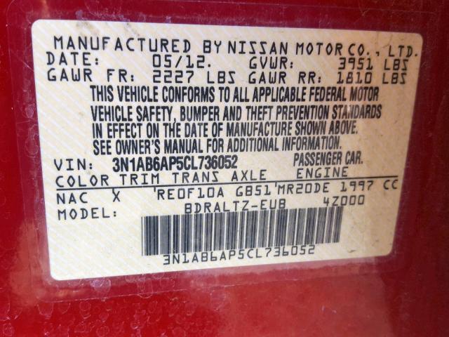 3N1AB6AP5CL736052 - 2012 NISSAN SENTRA 2.0 RED photo 10