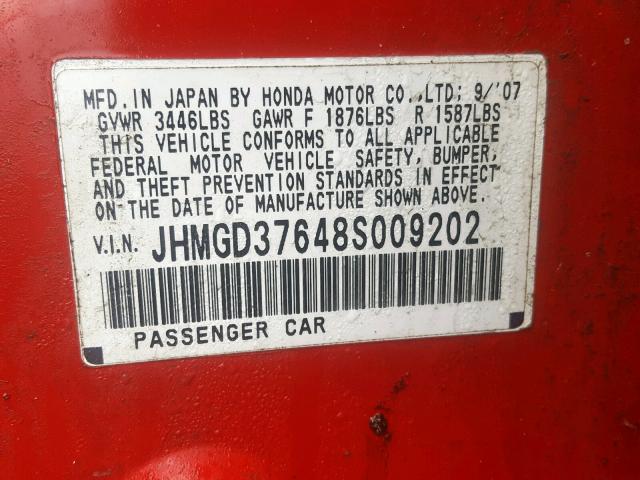 JHMGD37648S009202 - 2008 HONDA FIT SPORT RED photo 10