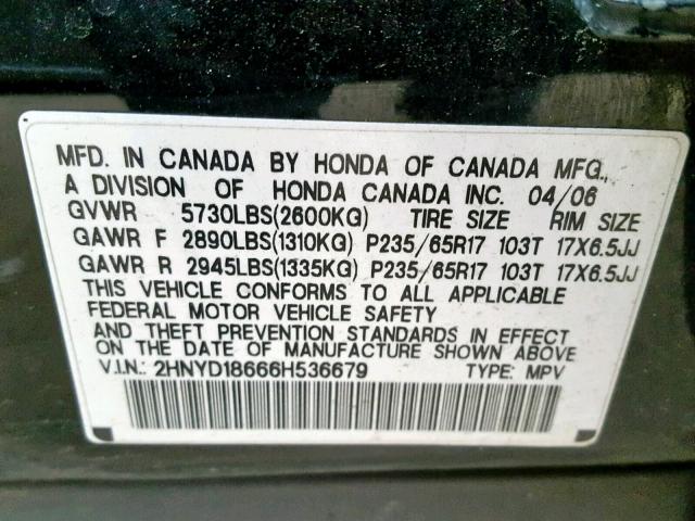 2HNYD18666H536679 - 2006 ACURA MDX TOURIN BLACK photo 10