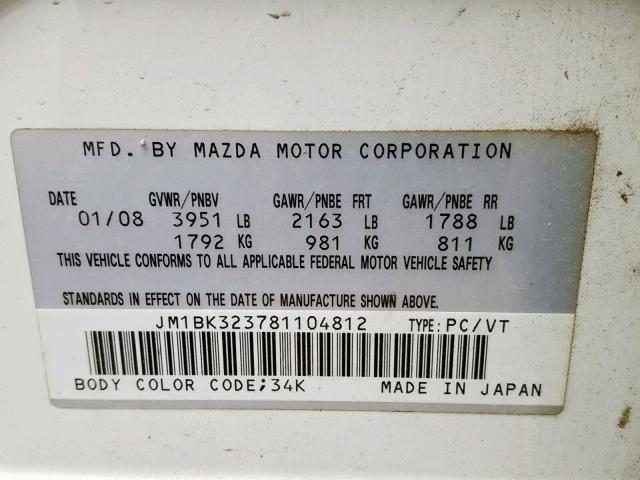 JM1BK323781104812 - 2008 MAZDA 3 S WHITE photo 10