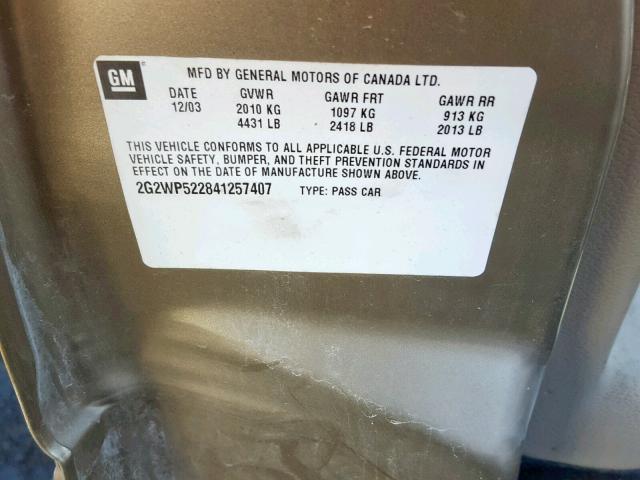 2G2WP522841257407 - 2004 PONTIAC GRAND PRIX GOLD photo 10