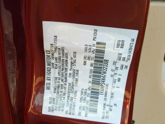 1FAHP34N47W323308 - 2007 FORD FOCUS ZX4 RED photo 10