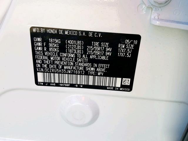 3CZRU5H35JM716912 - 2018 HONDA HR-V LX WHITE photo 10