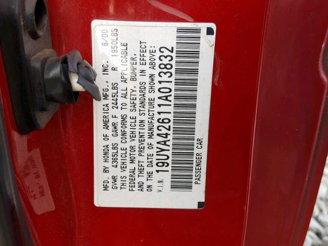 19UYA42611A013832 - 2001 ACURA 3.2CL TYPE RED photo 10