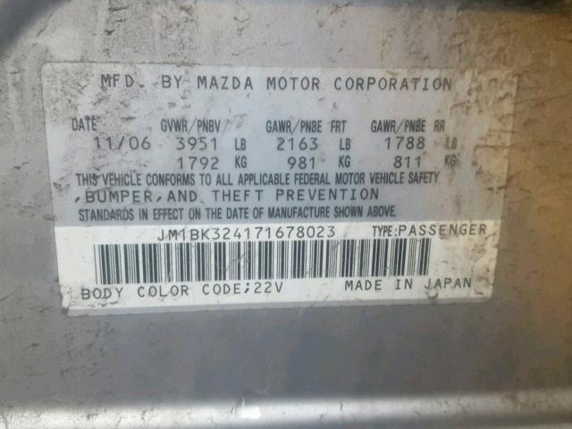 JM1BK324171678023 - 2007 MAZDA 3 S SILVER photo 10