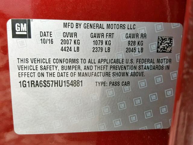 1G1RA6S57HU154881 - 2017 CHEVROLET VOLT LT RED photo 10