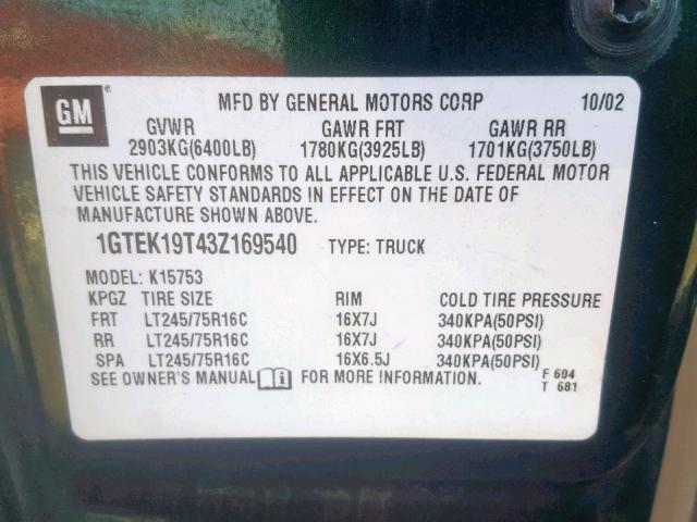 1GTEK19T43Z169540 - 2003 GMC NEW SIERRA GREEN photo 10