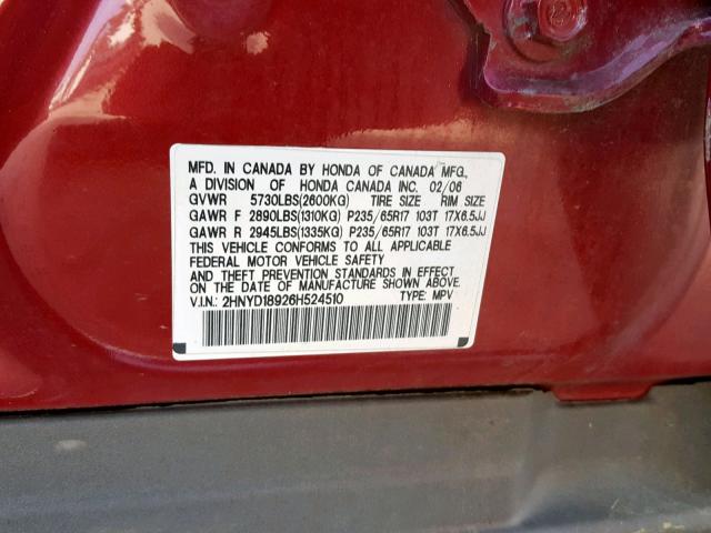 2HNYD18926H524510 - 2006 ACURA MDX TOURIN RED photo 10