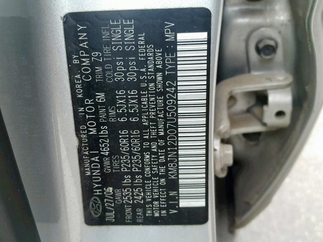 KM8JN12D07U509242 - 2007 HYUNDAI TUCSON SE SILVER photo 10