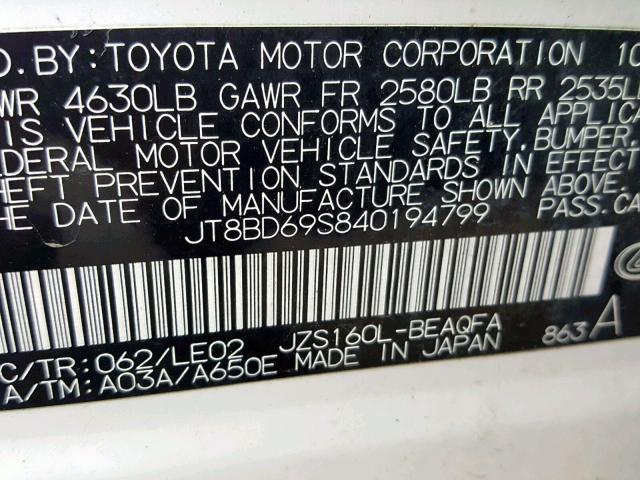 JT8BD69S840194799 - 2004 LEXUS GS 300 WHITE photo 10