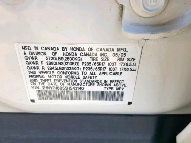 2HNYD18855H543140 - 2005 ACURA MDX TOURIN WHITE photo 10