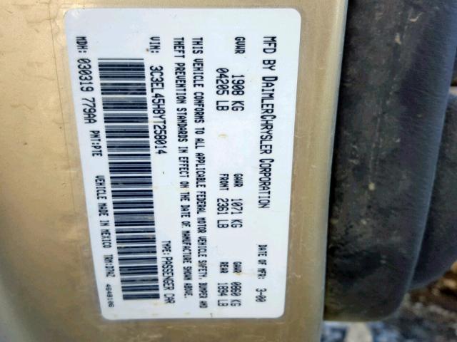 3C3EL45H8YT258014 - 2000 CHRYSLER SEBRING JX GOLD photo 10