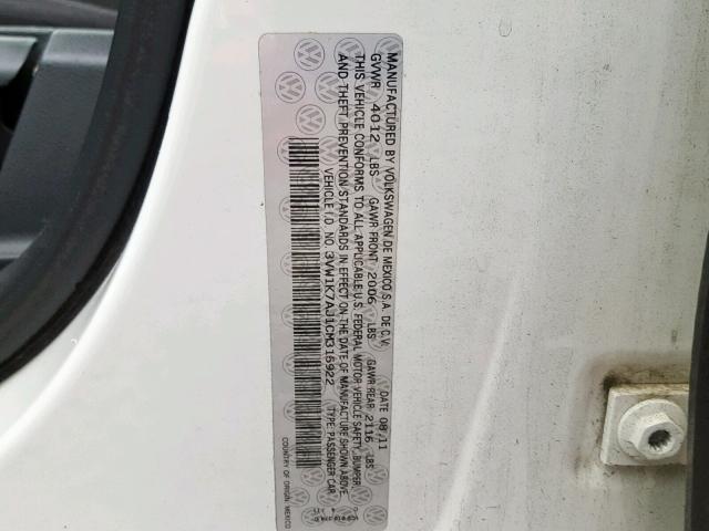 3VW1K7AJ1CM315922 - 2012 VOLKSWAGEN JETTA BASE Սպիտակ լուսանկար 10