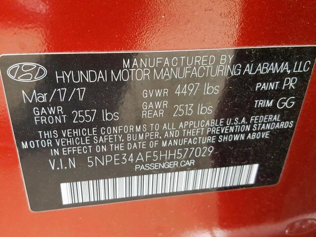 5NPE34AF5HH577029 - 2017 HYUNDAI SONATA SPO RED photo 10