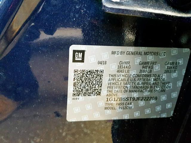 1G1ZB5ST9JF222209 - 2018 CHEVROLET MALIBU LS ლურჯი ფოტო 10