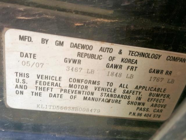 KL1TD56638B008479 - 2008 CHEVROLET AVEO BASE Qara foto 10