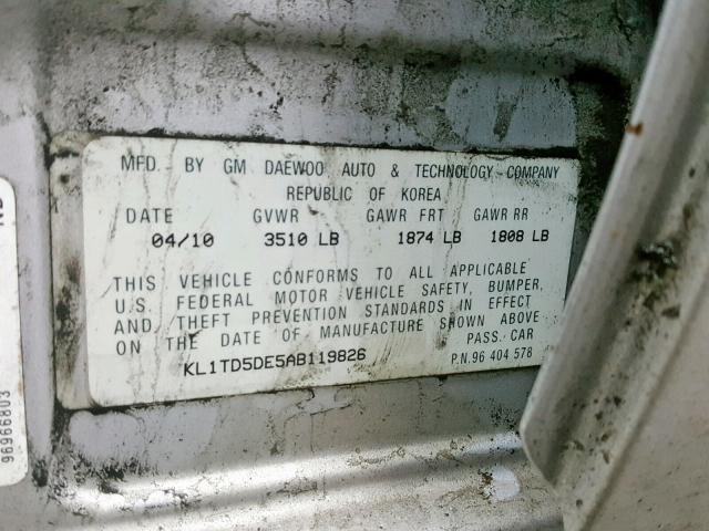 KL1TD5DE5AB119826 - 2010 CHEVROLET AVEO LS SILVER photo 10