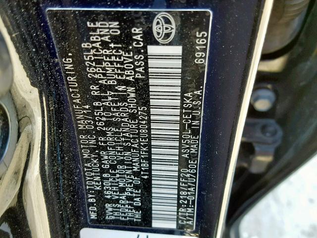 4T1BF1FK1EU804275 - 2014 TOYOTA CAMRY L შავი ფოტო 10