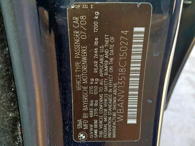 WBANV13518C150274 - 2008 BMW 528 XI BLUE photo 10