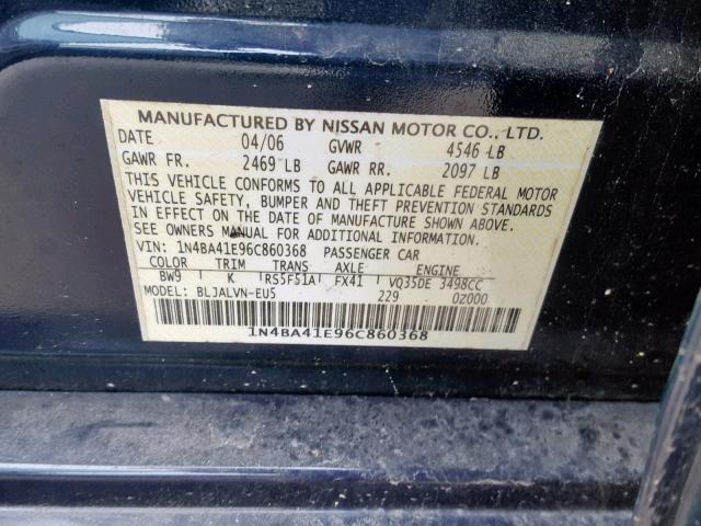 1N4BA41E96C860368 - 2006 NISSAN MAXIMA SE BLUE photo 10