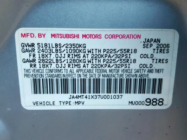 JA4MT41X37U001037 - 2007 MITSUBISHI OUTLANDER SILVER photo 10